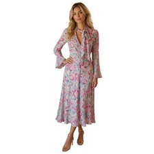 RIXO Amel Pink Teal Floral Silk Blend Kitten Bow Midi Dress Long Bell Sleeve XS