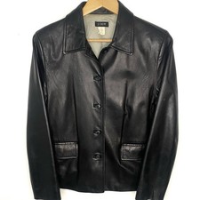 Vintage J.Crew Women  s Black Button Front Genuine Leather Jacket Made In USA M