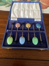 Superb Guilloche Enamel Coffee Spoons Gilded White Metal & Enamel Boxed Set of 6