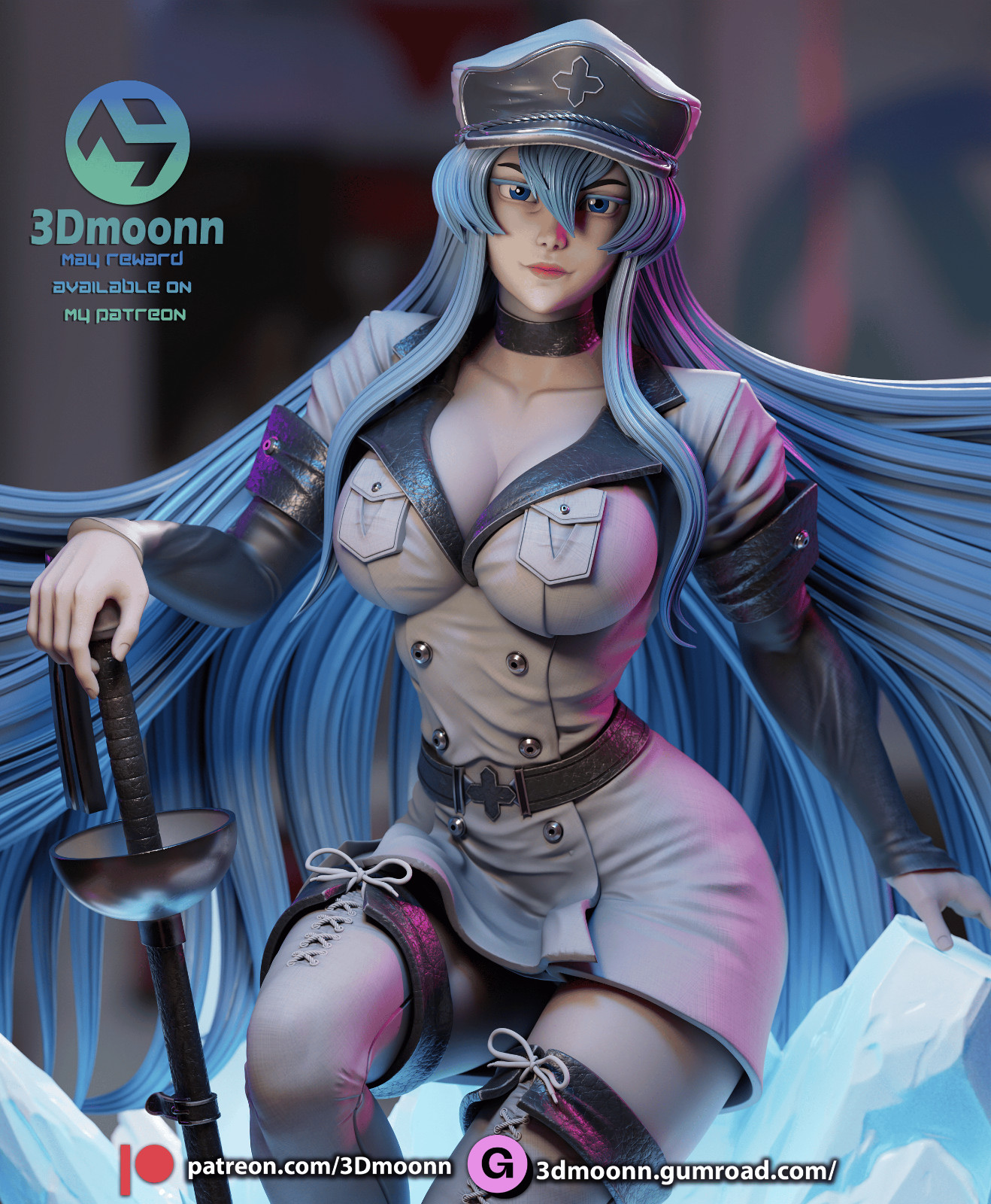 Esdeath, Akame Ga Kill, 1/4-1/24, sin pintar, impresión 3D, figura, estatua, 3Dmoonn