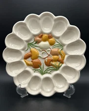 Vintage Arnel's Mold Deviled Egg Plate Platter w/ Handpainted Mushrooms ~ 10.5"