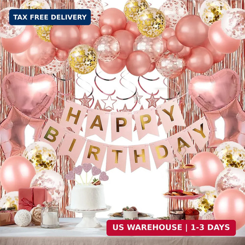Rose Gold Birthday Party Decorations, Happy Birthday Banner, Rose Gold Fringe Cu