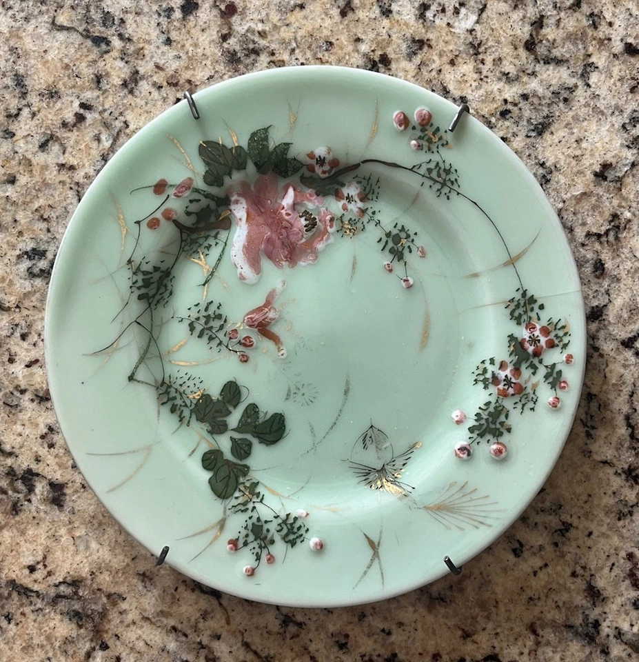 "Antiguo plato decorativo de jade Celadon con patrón de rosa elevada 7"" raro" Foto 2 de 4