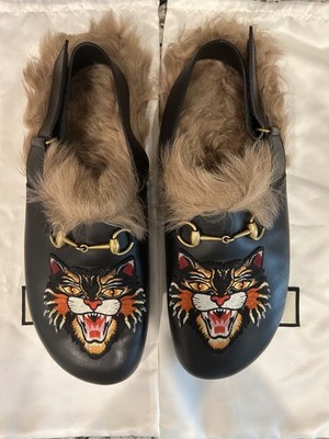 Gucci Princetown Fur Lined Mule in Black Leather w/ Gold-toned horse bit Size 12