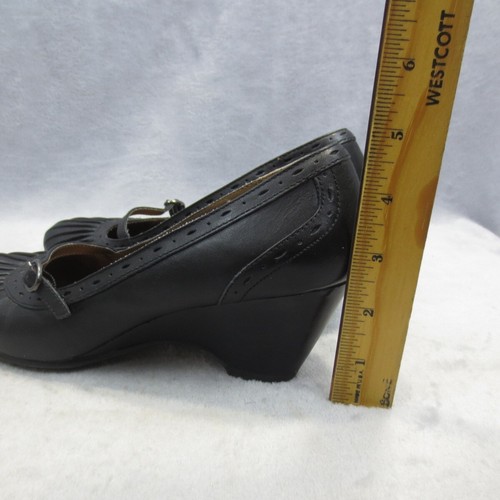 Naturalizer Womens Sz 8 Leather Mary Jane Wedge Pumps Black Buckle Gathered Toe - Picture 2 of 12