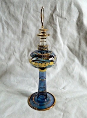 1 Egyptian Glass Perfume Bottle Gold Accent Hand Blown Red Blue Unique 8'' #225