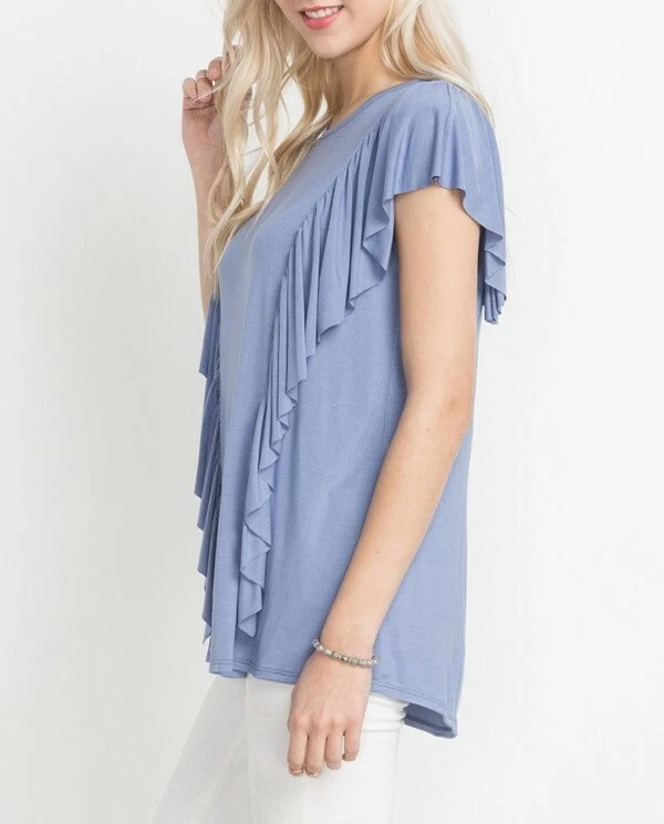 NEW Mittoshop Slate Blue Ruffle Soft Bamboo Fabric Short Sleeve Women's Top - Image 2 of 3