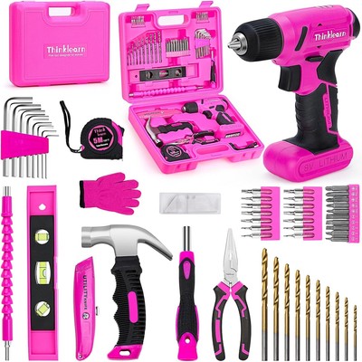 64PCS Pink Tool Set with Cordless Drill 8V Power Drill and Pink Tool Kit Women