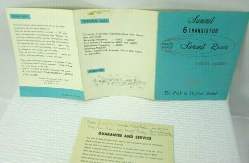 1960s VTG Summit 6 Transistor Portable Radio Model HS657 Manual Cloth Receipt - Picture 4 of 4
