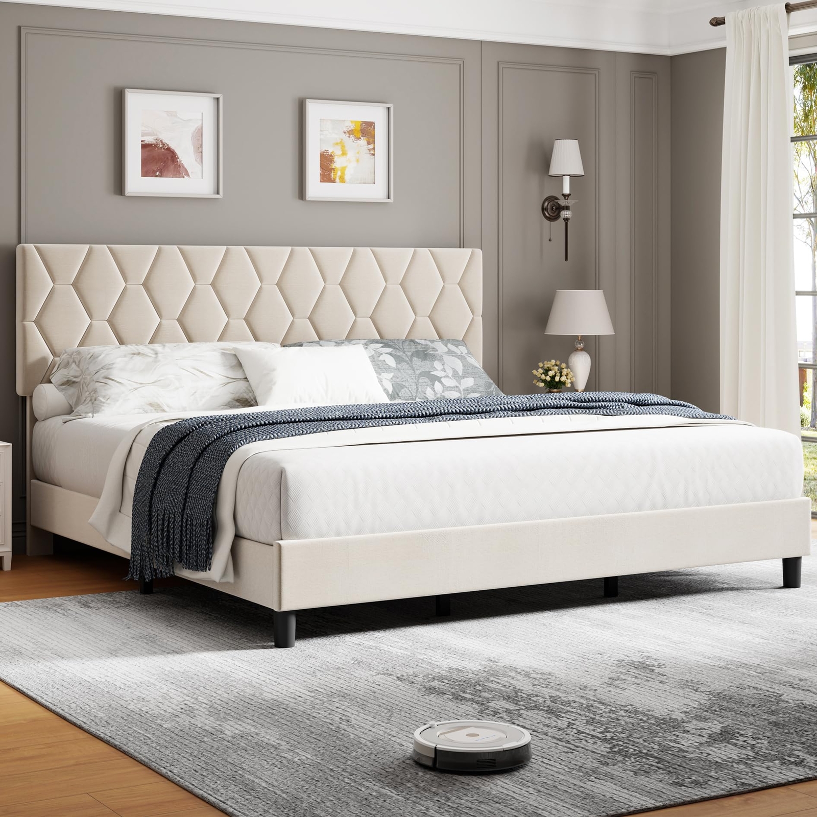 King Size Modern Platform Bed Frame with Upholstered Headboard | New