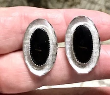 JML Sterling Silver Oval Cut Edge Frame Onyx Cuff Links Swivel Bar