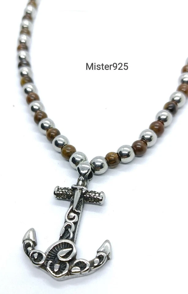 collana girocollo uomo pietra agata vera e acciaio anallergico ciondolo ancora - Immagine 2 di 4