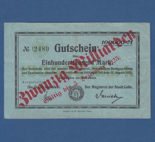 CELLE 20 Milliarden auf 100.000 Mark 1923 III / VF - Picture 1 of 2