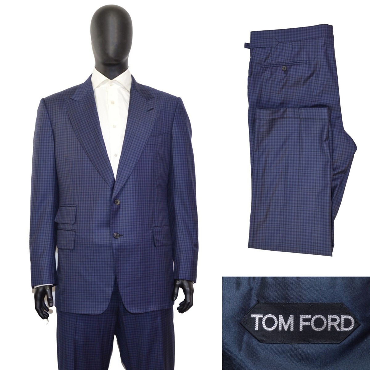 7850$ Great Men's Tom Ford Suit 48US/UK 58IT Blue Check Peak Lapel
