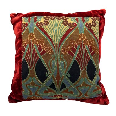2pc Art Nouveau Liberty Lanthe Print Red Velvet Decorative Throw Pillow  Cushion