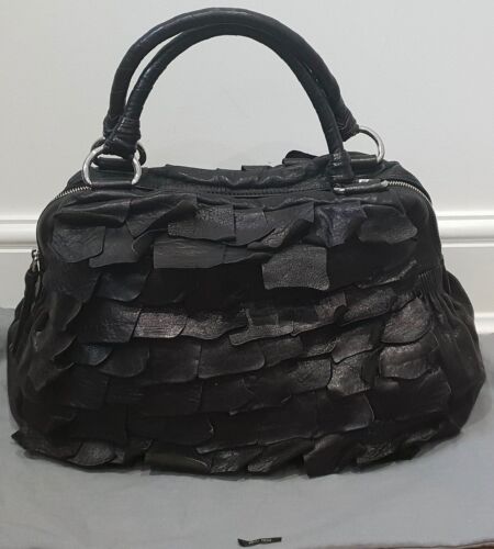 MIU MIU Made In Italy Black Leather Layer Tab Fringed Gathered Slouchy Tote Bag