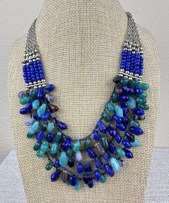 New Orion Multi-Strand Layer Bib Bead Necklace Ocean Green Blue Silver Tone 18''