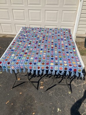 62x52 Crochet Granny Square Multicolor Blue Afghan Throw Blanket