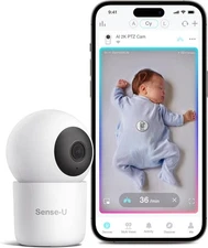 Sense-U Smart 2.5K PTZ Baby Camera with Breathing Badge, 2.5K Secure Wi-Fi Video
