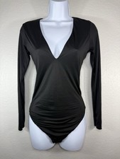 Victoria's Secret Black Deep V-Neck Long Sleeve Fitted One Piece Bodysuit Top M