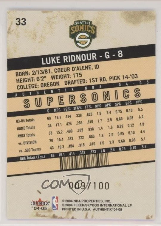 2004-05 Fleer Authentix General Admission /100 Luke Ridnour #33 - Image 2 of 2