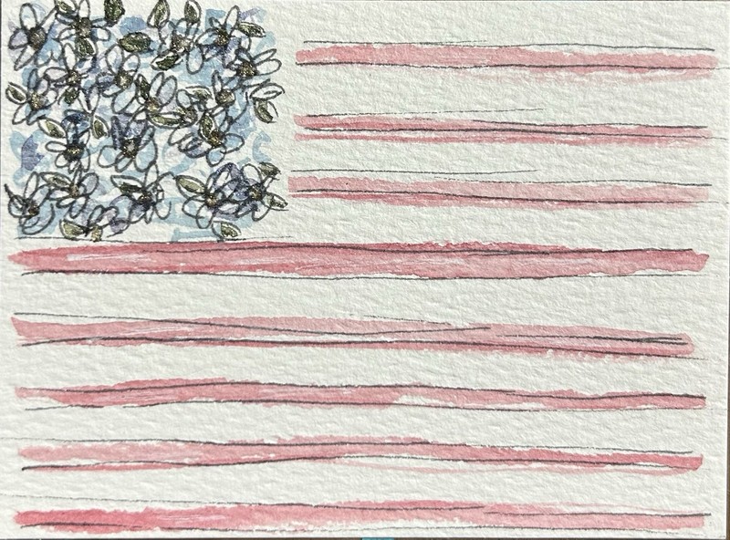 ACEO America Flag Watercolor Original Painting Art Card Floral