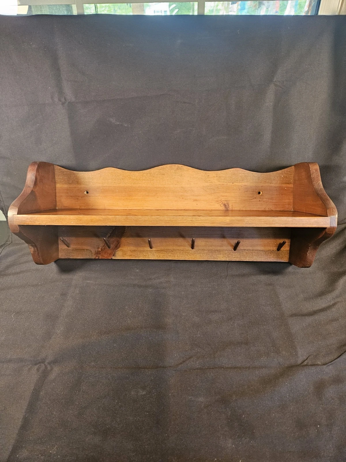 Vintage Rustic Country Wood Primitive Handmade Wall Shelf With 6 Pegs