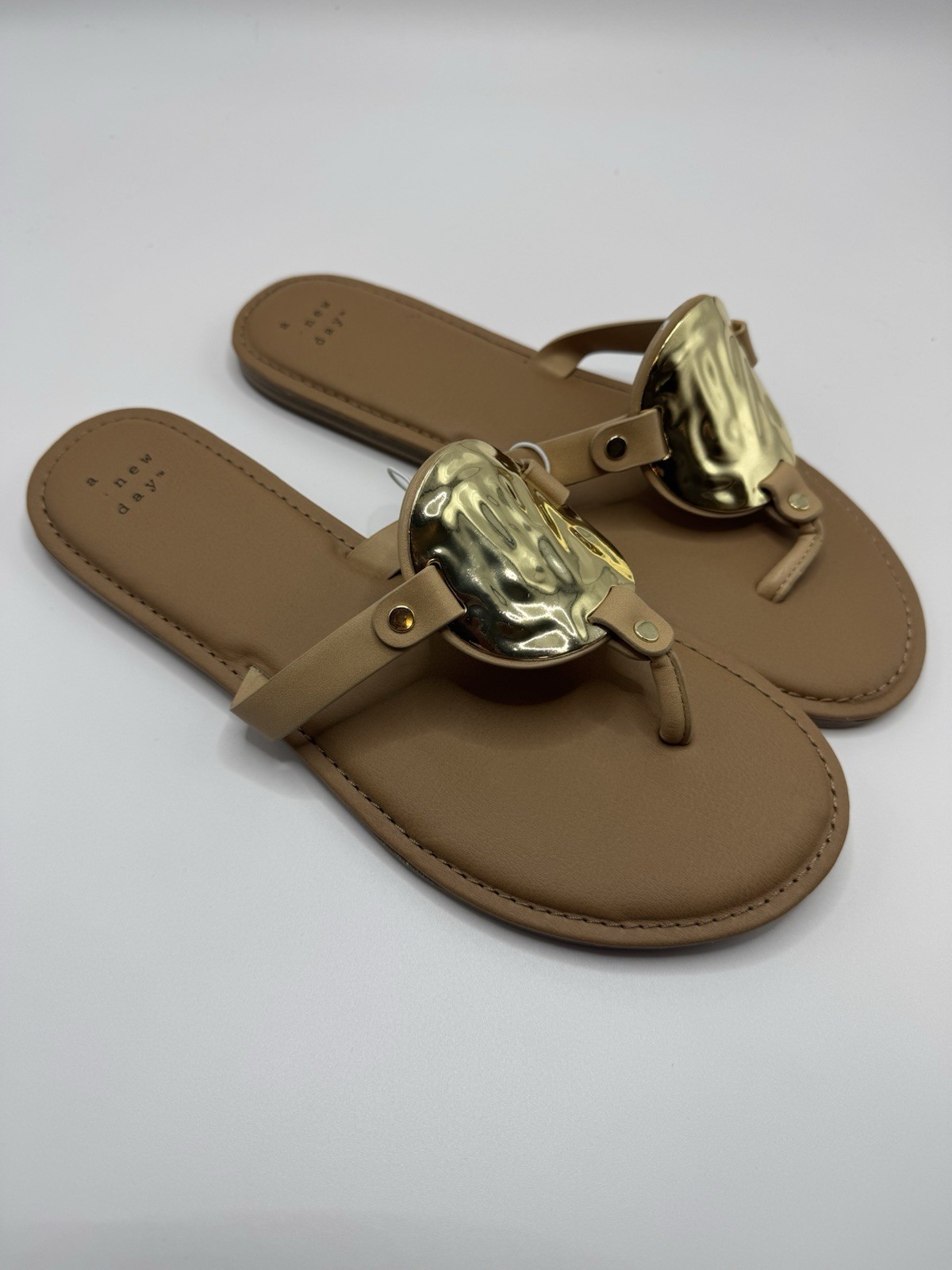 A New Day Women's Beige Gold Thong Sandals Medallion Slip On Size 10