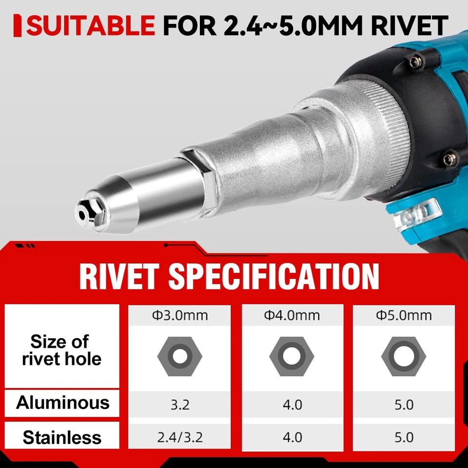 Electric Brushless Rivet Gun Cordless Rivet Nut Gun w/ 2 Battery For Makita 18V - Image 4 of 4