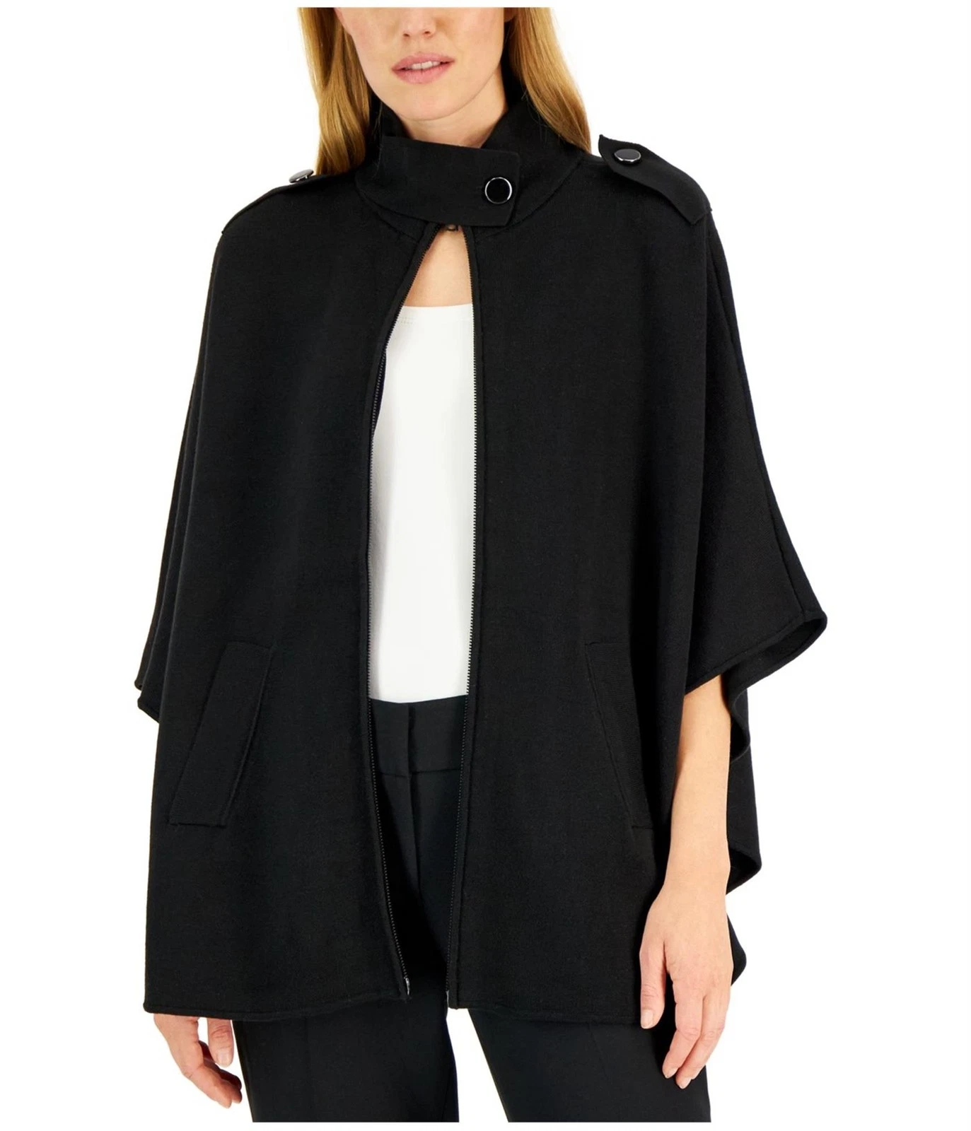 Anne Klein Womens Zip Front Cape Poncho Sweater, Black, L/XL