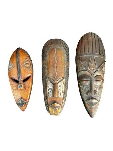 3 Authentic Handcrafted Tribal West Africa Ghana Wood Mask Wooden