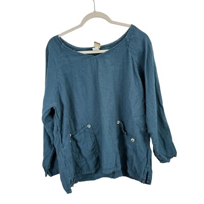 Match Point Blue Linen Tunic Lagenlook Coastal Pockets Capsole Womens Size XL