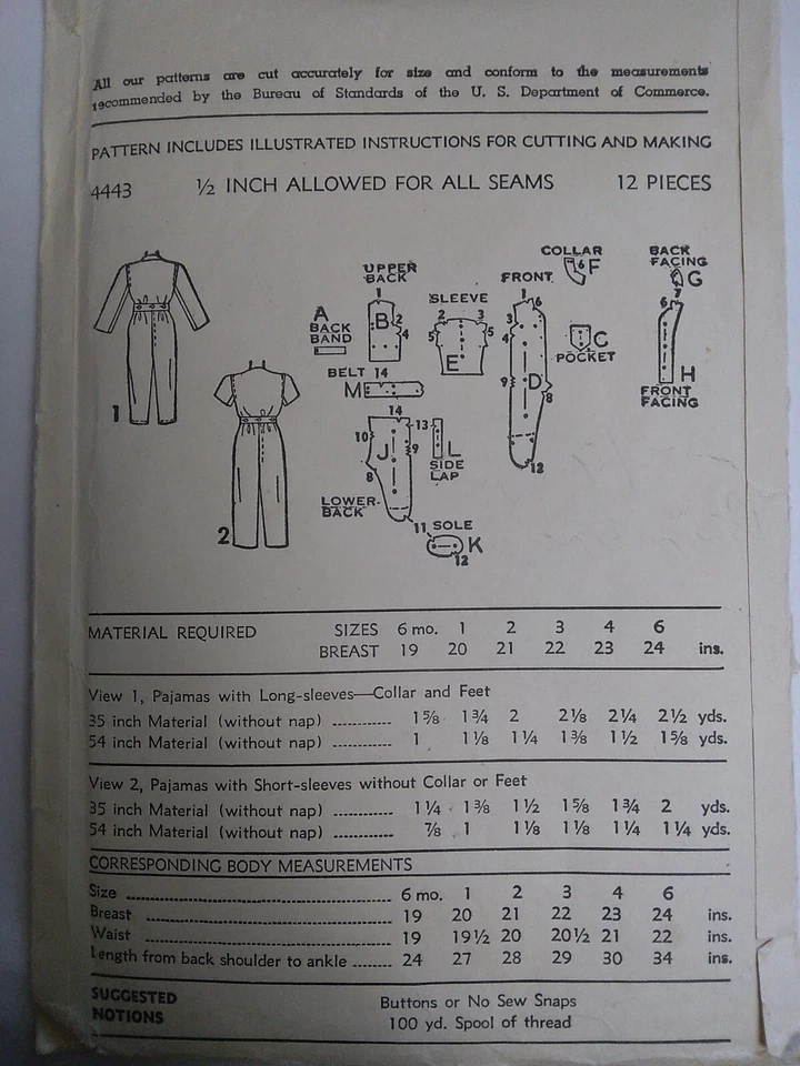 Pajamas One Piece Footed Infants 6M 1/2 Advance 4443 Sewing Pattern VTG 40s Pjs - Image 4 of 4