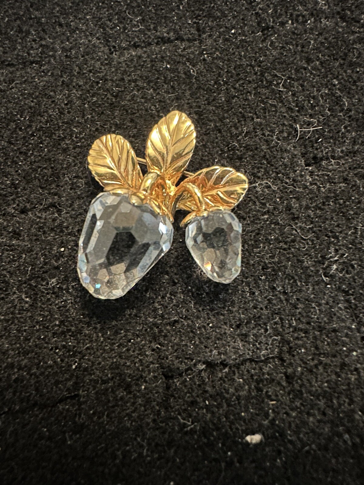 Vintage Swarovski double crystal strawberry brooch gold tone leaf