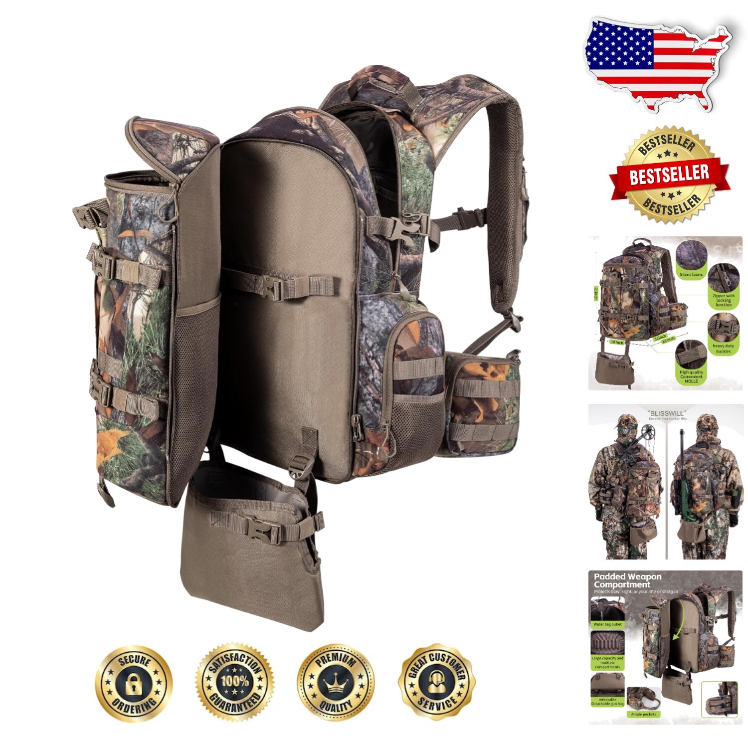 Ergonomic Multi-Compartment Hunting Pack for Bow & Rifle - New Leaf Camouflage