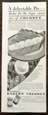 1929 Franklin Baker's Coconut PRINT AD Hawaiian Fruit Pie Recipe