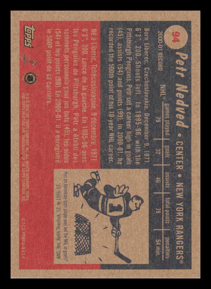 Petr Nedved #94 2001-02 Topps Heritage New York Rangers Hockey - Image 2 of 2