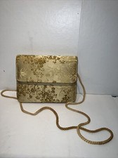 Impo Vintage Oriental Silky Gold Purse Clutch With Strap Flowered Small