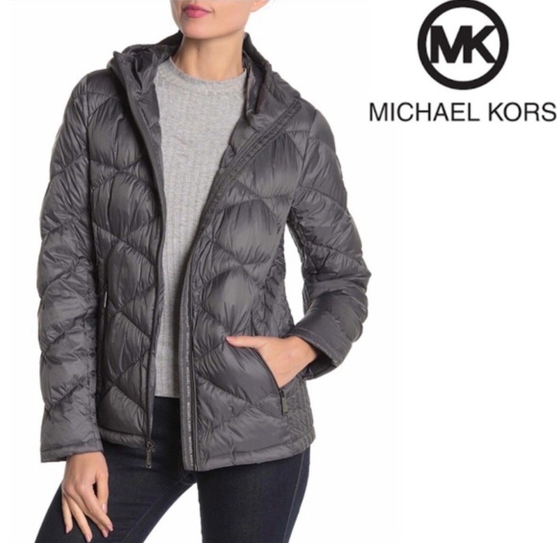 MICHAEL KORS Womens Sz XS Gray Full Zip Pocket Hood Packable Jacket Euc