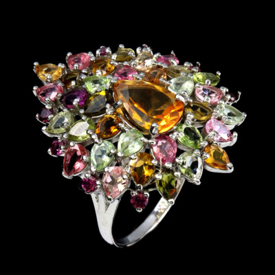 Valentine 925 Silver Ring Pear Citrine Tourmaline Garnet Gemstone Jewelry Size 8