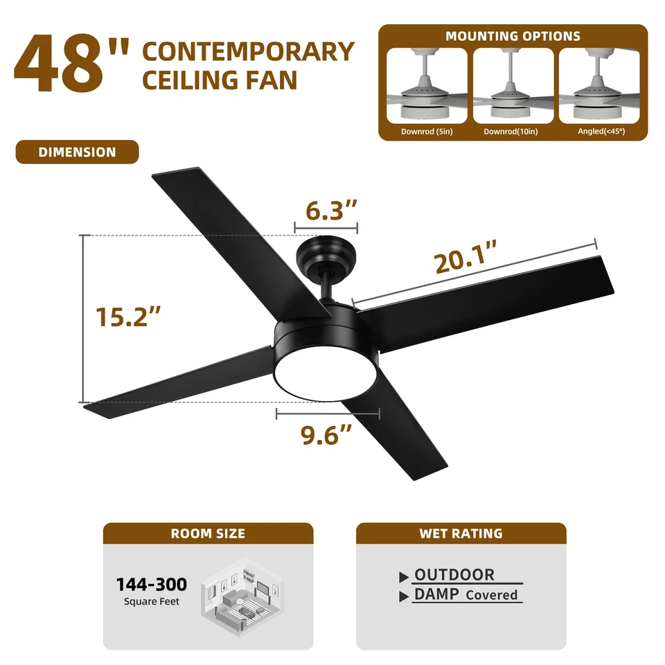 48" 4 Blades Lamp Indoor Control Remote Ceiling Fan with 3 Color LED Light w/ AC - Image 2 of 4