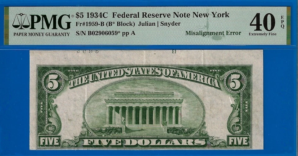 1934C $5 Federal Reserve Note PMG 40EPQ Misalignment Error star Fr 1959-B - Image 2 of 3