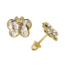 14k Yellow Gold Zircon Butterfly Baby Screw Back Stud Earrings
