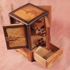 c1900 FINE JAPANESE INLAID WOOD BOX SECRET MAGIC DRAWERS TRICK CIGARETTE