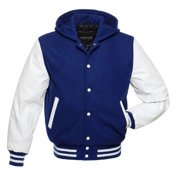 Men's Blue & White Hooded Letterman Baseball Bomber Moto Biker Varsity Jacket
