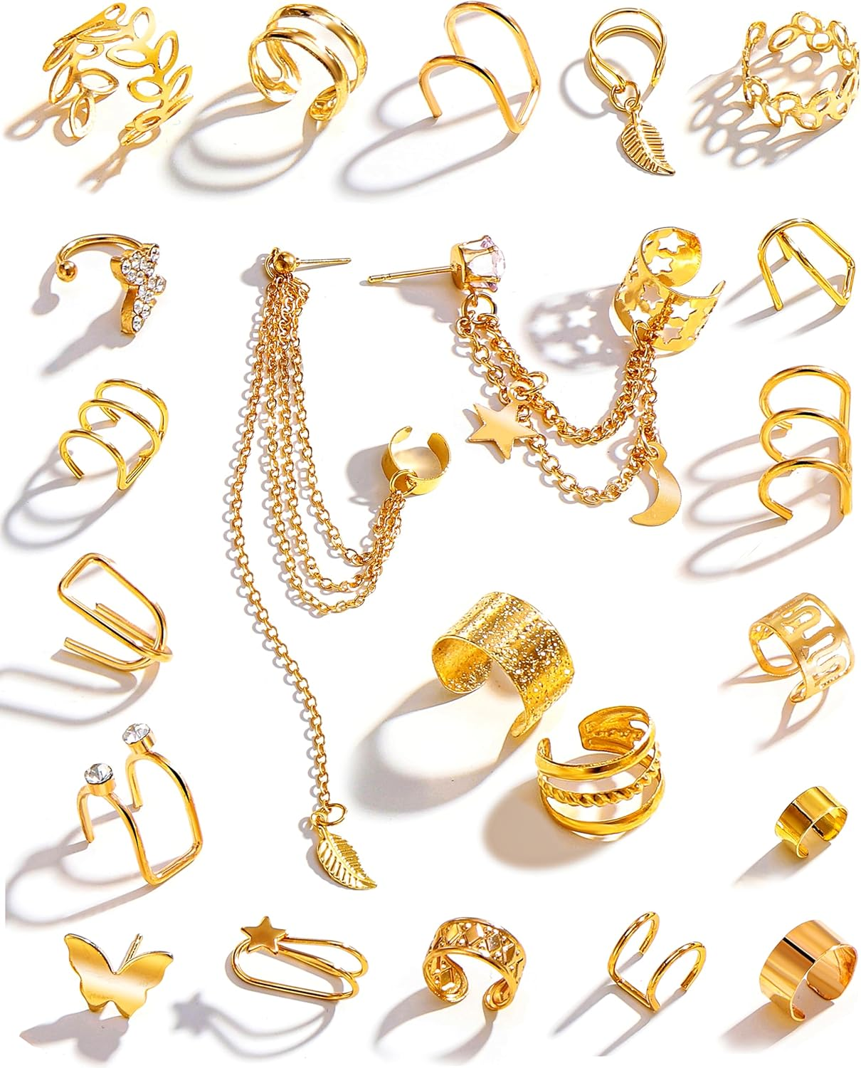 22Pcs Adjustable Non-Piercing Gold Ear Cuffs Lightweight Hypoallergenic for Women
