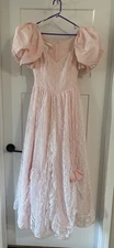 Vintage Gunne Sax Dress Pink White Lace Princess Prom Puffy Sleeve Size 9