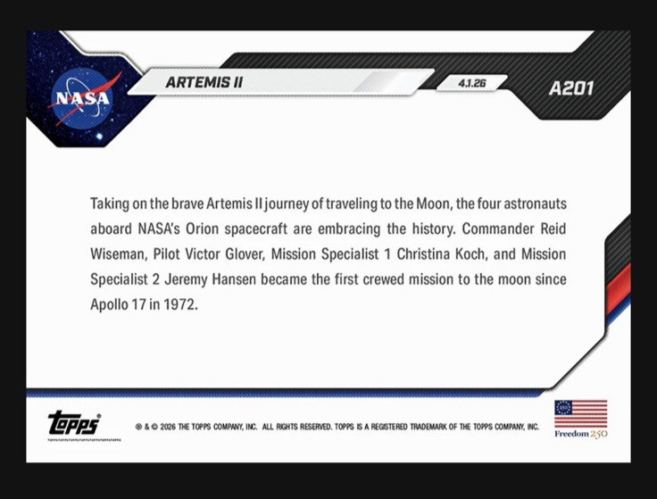 Artemis II 2026 Topps NOW #A201 1st Crewed Mission Since '72