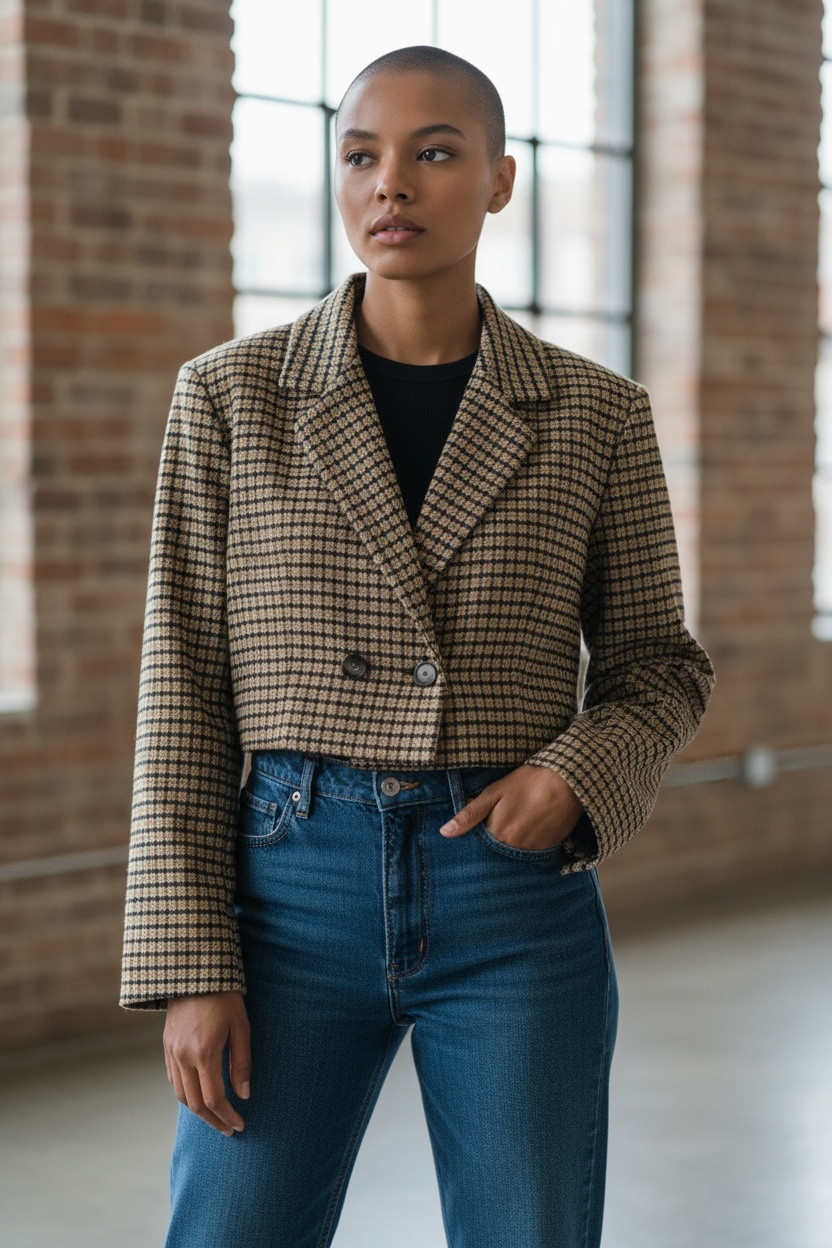 Short Crop Blazer Houndstooth Pattern Single Butt… - image 2