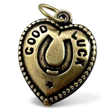 Good Luck Charm Puffy Heart Pendant Horseshoe Lucky Charm Jewelry Antiqued Brass